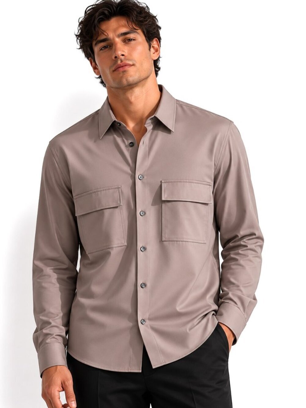 Theory Men's Taupe Patch Pocket Structure Knit Long Sleeve Shirt